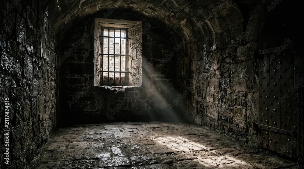 Fototapeta premium Dark prison cell with barred window. Old stone dungeon interior with dramatic light rays.