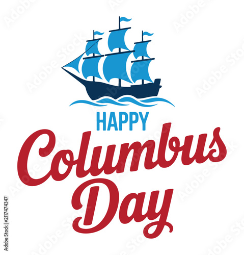 Columbus Day greeting card design features a stylized blue sailing vessel icon atop a navy wave motif, complemented by elegant red cursive typography celebrating the annual national holiday event.