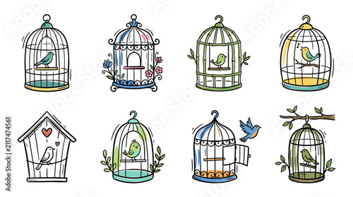 Collection of decorative caged birds and aviaries in various styles