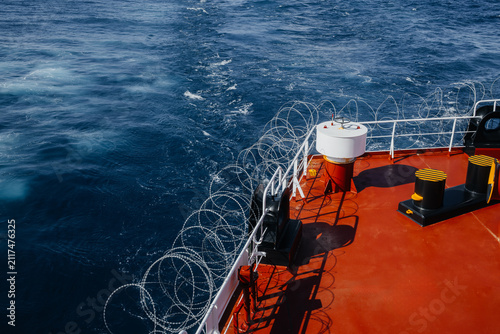 Razor Wire Security Barrier on Oil Tanker Deck for Anti Piracy Protection at Sea