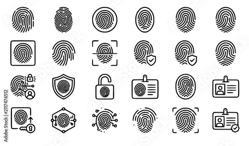 Editable Stroke Fingerprint Icon Set for Biometric Authentication and Security