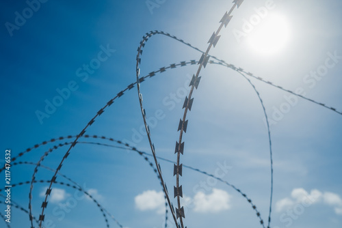Bild auf Leinwand Razor Wire Security Barrier on Oil Tanker Deck for Anti Piracy Protection at Sea