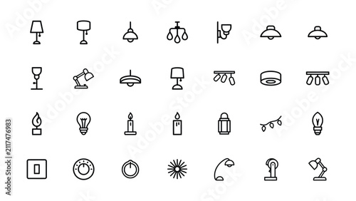 Collection of various stylized icons for different types of lamps and lighting fixtures
