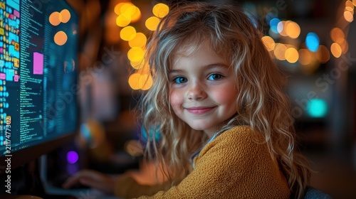 Smiling girl using computer at night.