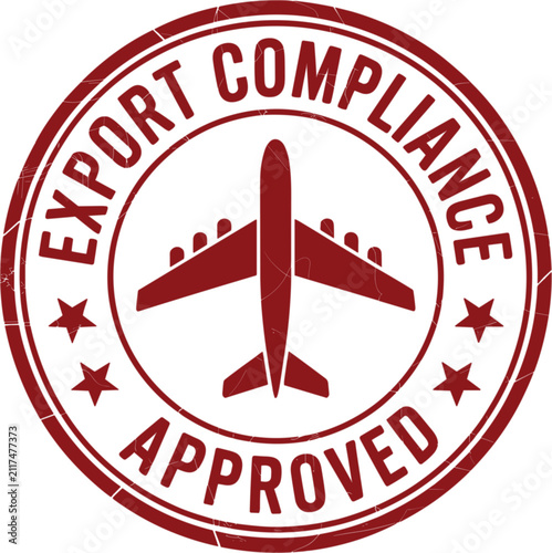 Export compliance stamp features a red circular border with an airplane icon in the center to signify that the cargo documentation has been verified for international trade and legal regulations.