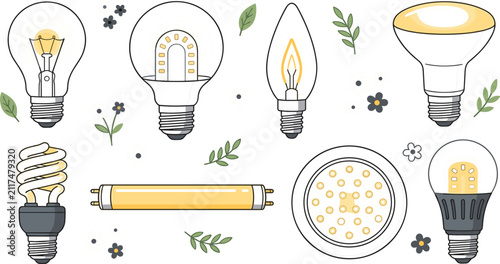 Bild auf Leinwand Energy efficient light bulbs vector set including led incandescent fluorescent h