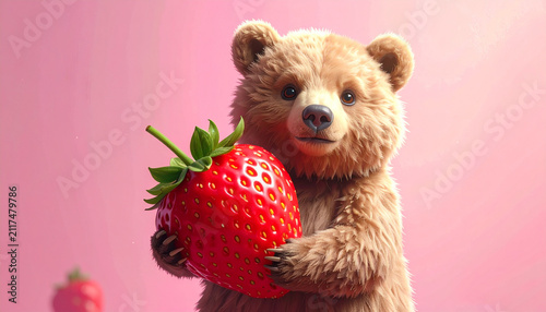 Cute Teddy Bear Holding Strawberry