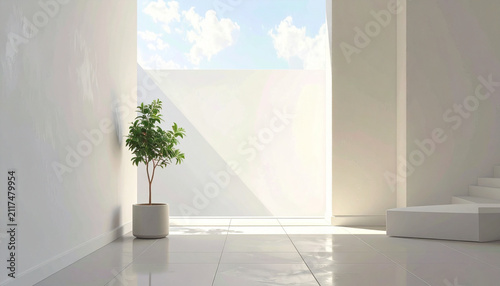 Minimal White Hallway with Plant