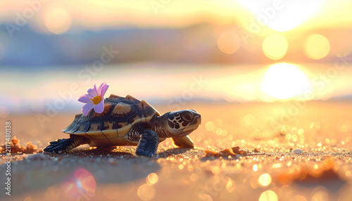 Tiny Turtle with Flower on the Beach
