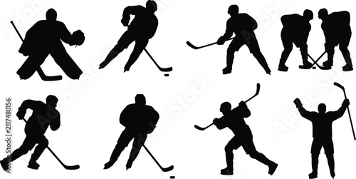 Photography Black Silhouette Set of Ice Hockey Players in Dynamic Action Poses