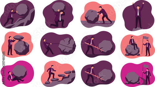 Foto Businessman pushing heavy boulder vector concept set representing challenge effo