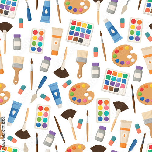 Seamless pattern featuring colorful artist supplies including paint brushes, palettes, watercolor sets, paint tubes, jars, erasers, and palette knives in flat vector style.
