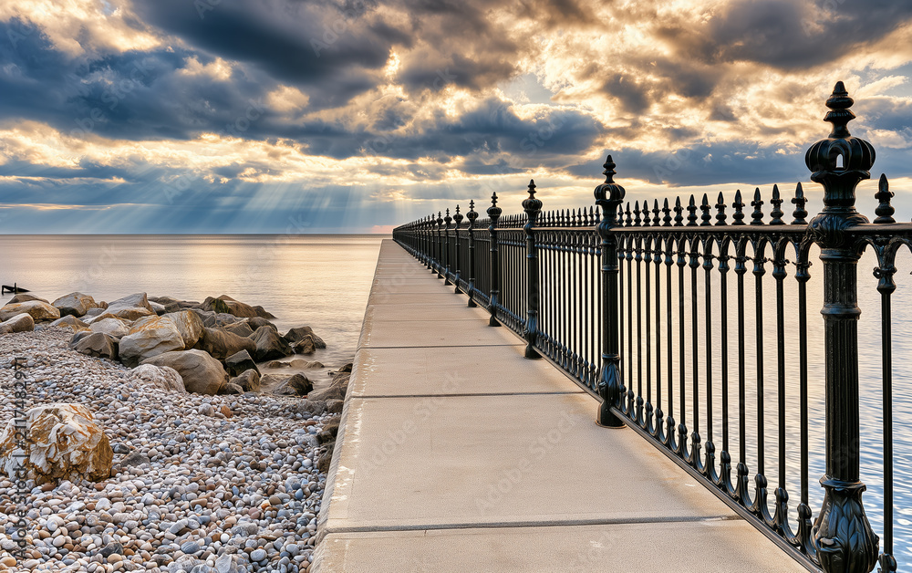 Obraz premium Concrete walkway along shingle beach next to ocean water. Black metal railing lines paved path towards horizon under cloudy sky.
