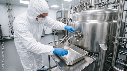 Bioprocess specialist collects sample from stainless steel fermenter