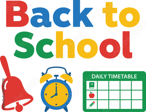 Colorful Education Icons Featuring Classroom Supplies and Schedule