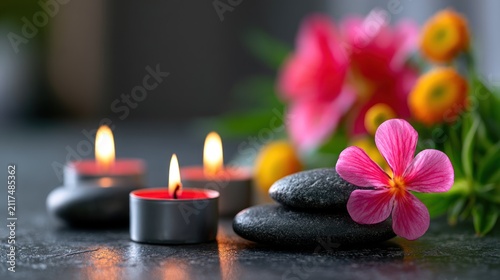 Three candles and stones with bright flowers create a serene ambiance on a smooth surface
