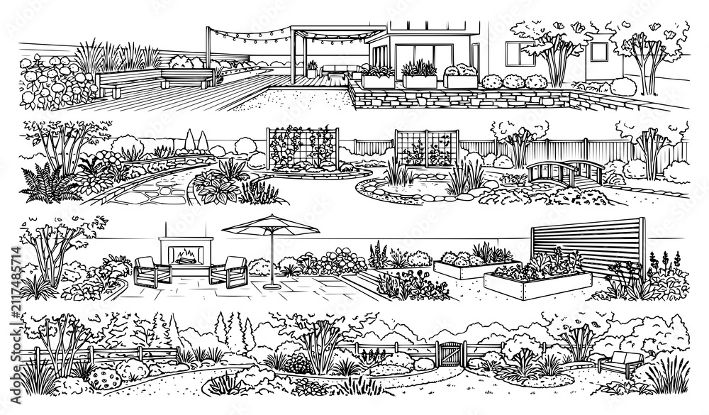 Fototapeta premium Modern Backyard Garden Landscape Illustration Featuring Water Features Seating Areas and Botanical Design Elements