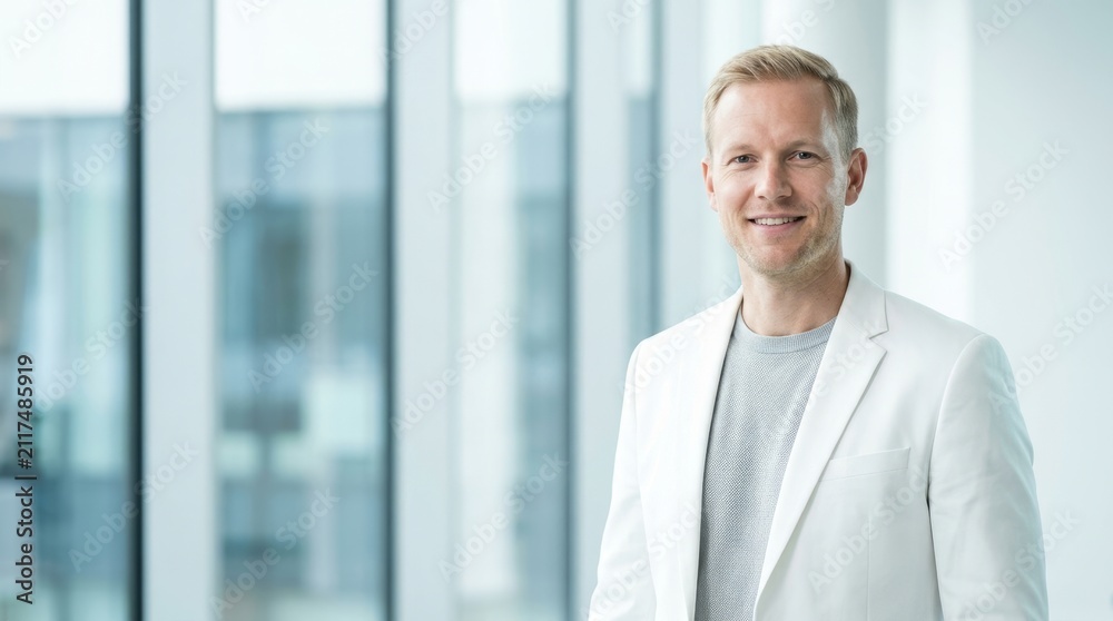 Fototapeta premium A confident man in a white blazer stands smiling with large windows behind him in a bright office.