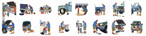 A series of illustrations showing a father teaching his son various car maintenance and repair tasks on a pickup truck.