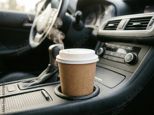 Steaming Paper Cup of Hot Coffee Resting in a Modern Car Cup Holder During a Morning Commute for a Refreshing Start to the Day