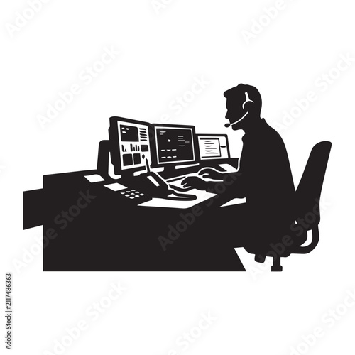 Air Traffic Control Operator Working In Airport Tower Silhouette Vector Black White. 