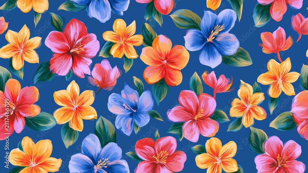 Obraz premium さまざまな花と葉を全面に描いた水彩風の花柄パターン
