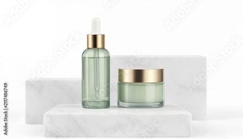 Green glass cosmetic serum bottle and cream jar on marble podiums for beauty product