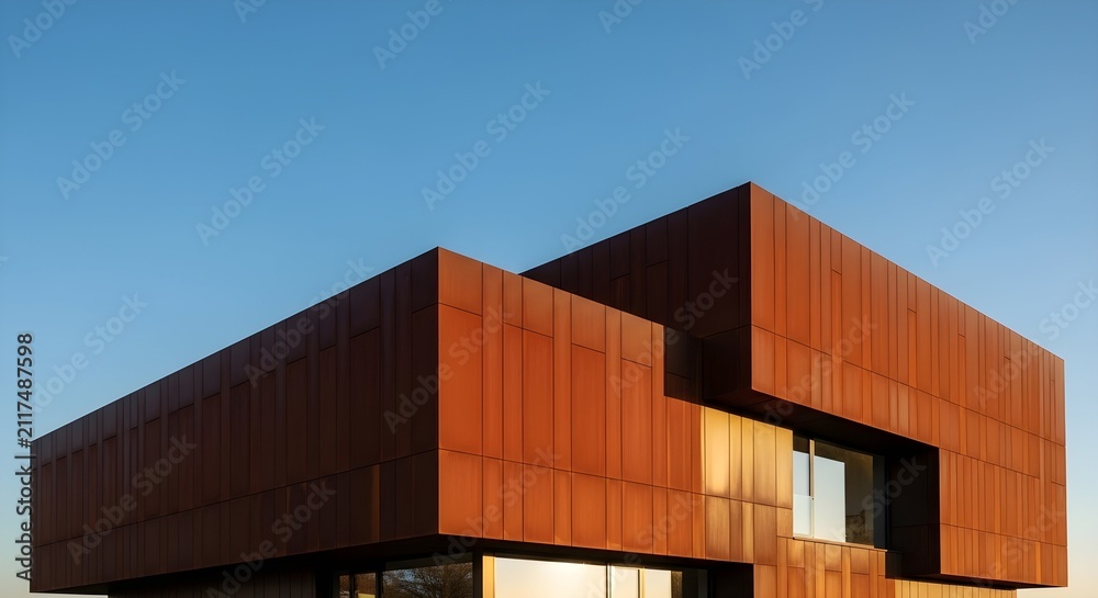 Fototapeta premium Low angle shot of a contemporary cubic building featuring rust-brown corten steel facade panels against a clear blue sky during golden hour.