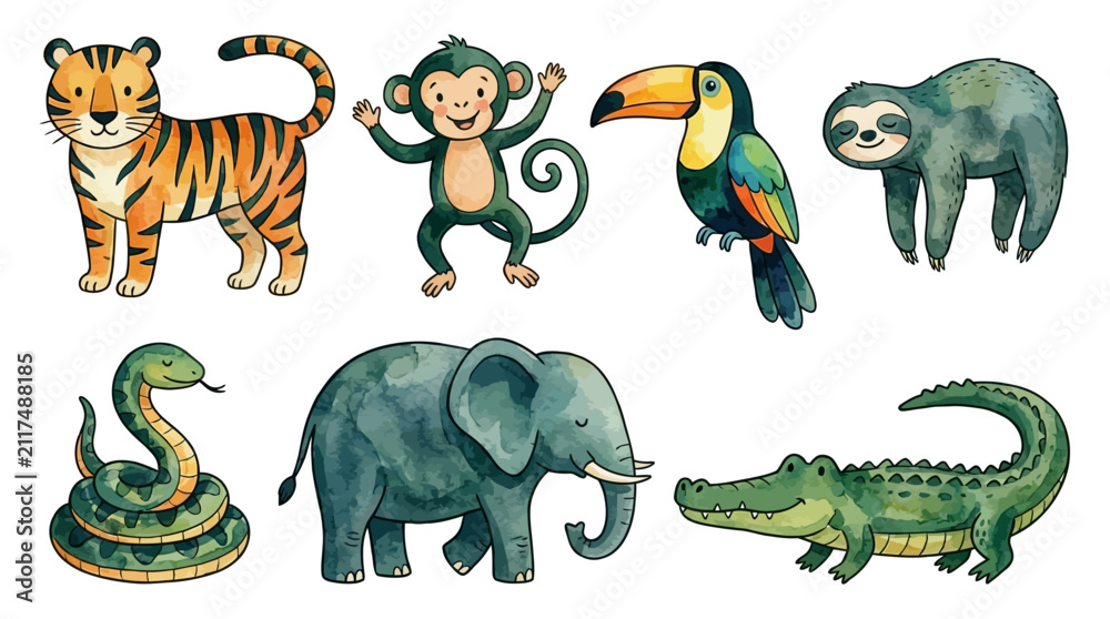 Obraz premium Comprehensive Bundle of Watercolor Vector Illustrations Featuring Exotic Jungle Animals Wildlife Creatures and Tropical Botanical Elements for Creative Graphic Design and Digital Clip Art