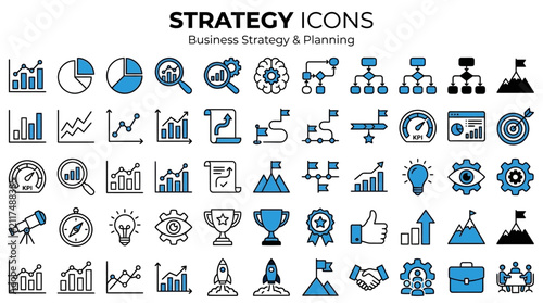 Comprehensive collection of flat business strategy icons featuring management concepts, corporate planning symbols, strategic growth tactics, and visionary action elements.