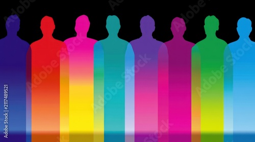 Silhouettes stand in a colorful gradient against a black background, creating a vibrant, abstract composition