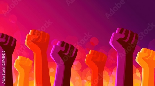 Raised fists in vibrant colors symbolize unity and strength on a dynamic, colorful background