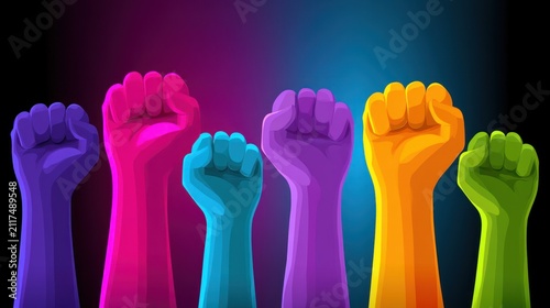 Six colorful raised fists symbolize unity and strength against a vibrant gradient background