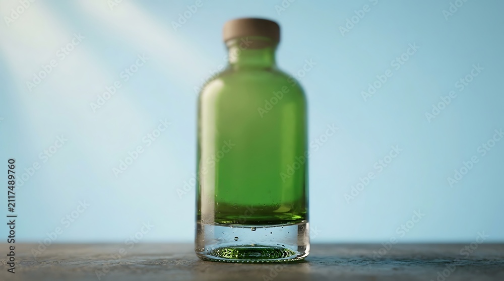 Obraz premium A Green Glass Bottle Filled With Small Green Bubbles On A Concrete Surface With A Blue Background And Light Rays