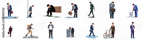 Set of flat vector illustrations depicting various businessmen experiencing failure, job loss, sadness, and misfortune in the rain.