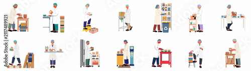 Foto Set of illustrations depicting professional workers in white coats and hairnets preparing and packaging food containers in a clean facility