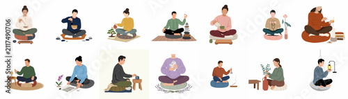 Фотография A collection of diverse people practicing various mindfulness and spiritual rituals, such as meditation, tea ceremony, and yoga, in flat illustration style