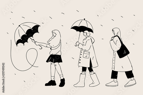 Three girls walking in the rain with umbrellas vector illustration⁠.