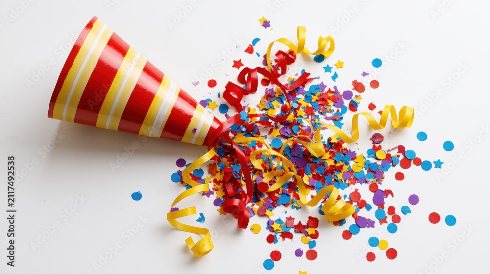 Obraz premium The Party Hat and Confetti Celebration bursting with Colorful Ribbons and Joy