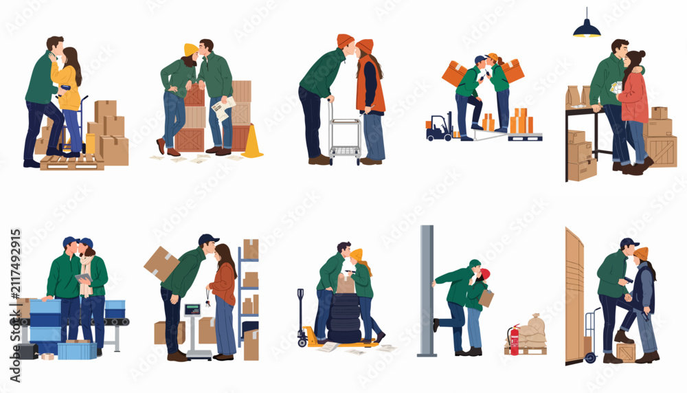 Fototapeta premium Collection of flat illustrations depicting romantic couples kissing and sharing moments of love while working together in a warehouse and logistics setting.