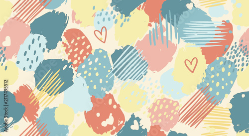 Seamless abstract pattern featuring hand-drawn brush strokes, small hearts, and dotted textures. Palette of pastel red, blue, and yellow splotches on a cream background.