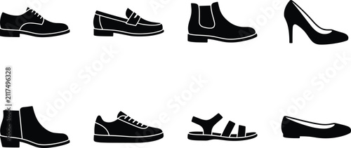 Картината върху платно Shoes icon set containing various men and women footwear styles isolated on whit