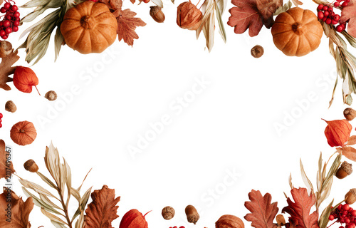 Autumn Frame Border with Pumpkins and Colorful Fall Leaves and Copy Space