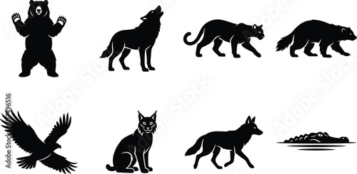 Sticker Wild animals vector silhouette collection featuring bear wolf eagle lynx wolveri