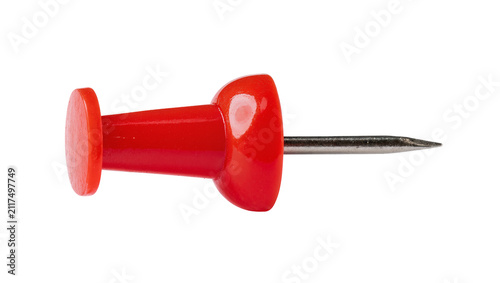 Foto Shiny red plastic push pin with sharp metal point, isolated on transparent backg