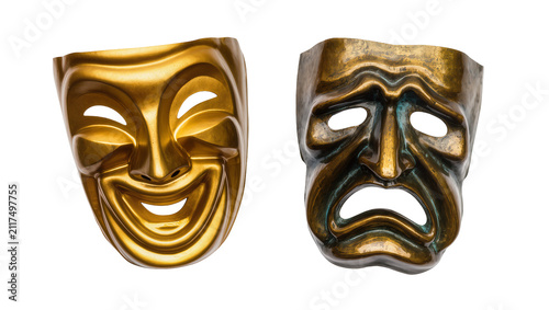 Konstfotografi Golden comedy and bronze tragedy masks, isolated on transparent background