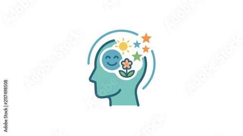 Positive Mindset Concept: Happy Brain, Sunshine, Flower, Stars