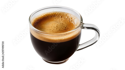 Hot espresso coffee with crema in a clear glass cup, isolated on transparent background