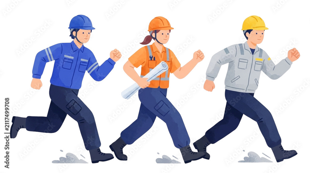 Obraz premium Diverse Team of Industrial Workers and Engineers Running Forward Together