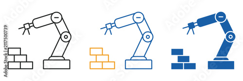 Robotic Arm Bricklaying Construction Automation Icon Set Outline Glyph